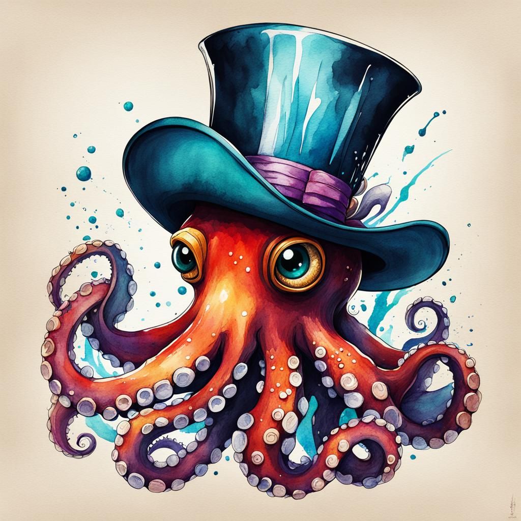 Charming Octopus in Top Hat Ink Sketch