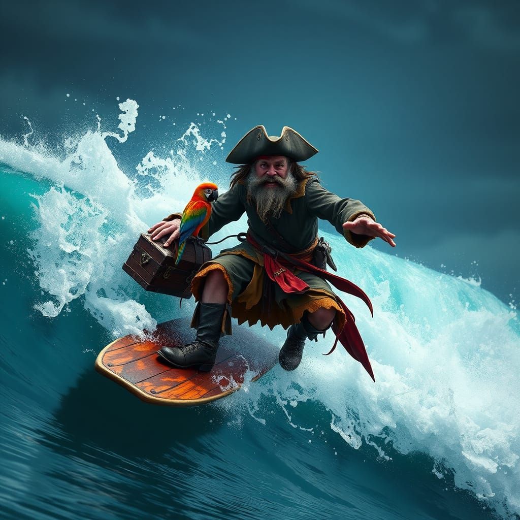 One-Legged Pirate Rides Turquoise Wave on Surfboard