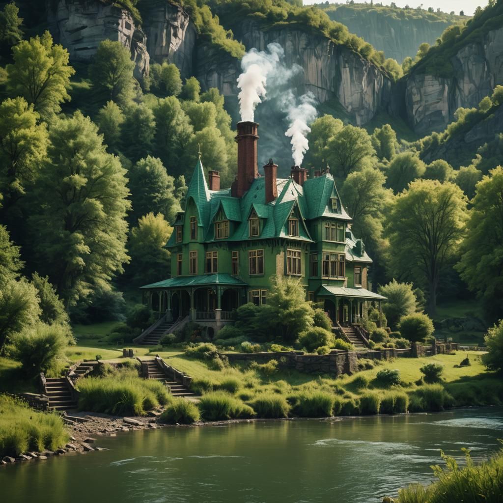 Cinematic House Surrounded by Green River