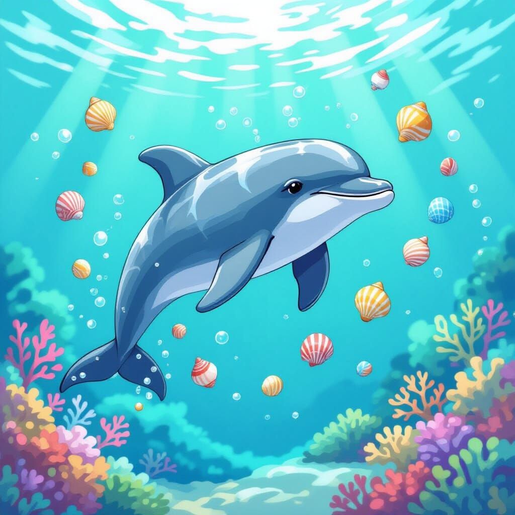 Dolphin Jumps Through Sea Shells in Whimsical Underwater Sce...