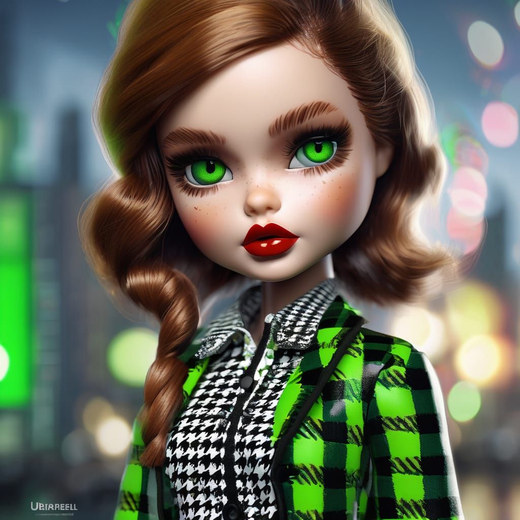 Mini Blythe Doll with Houndstooth Jacket, Digital Painting