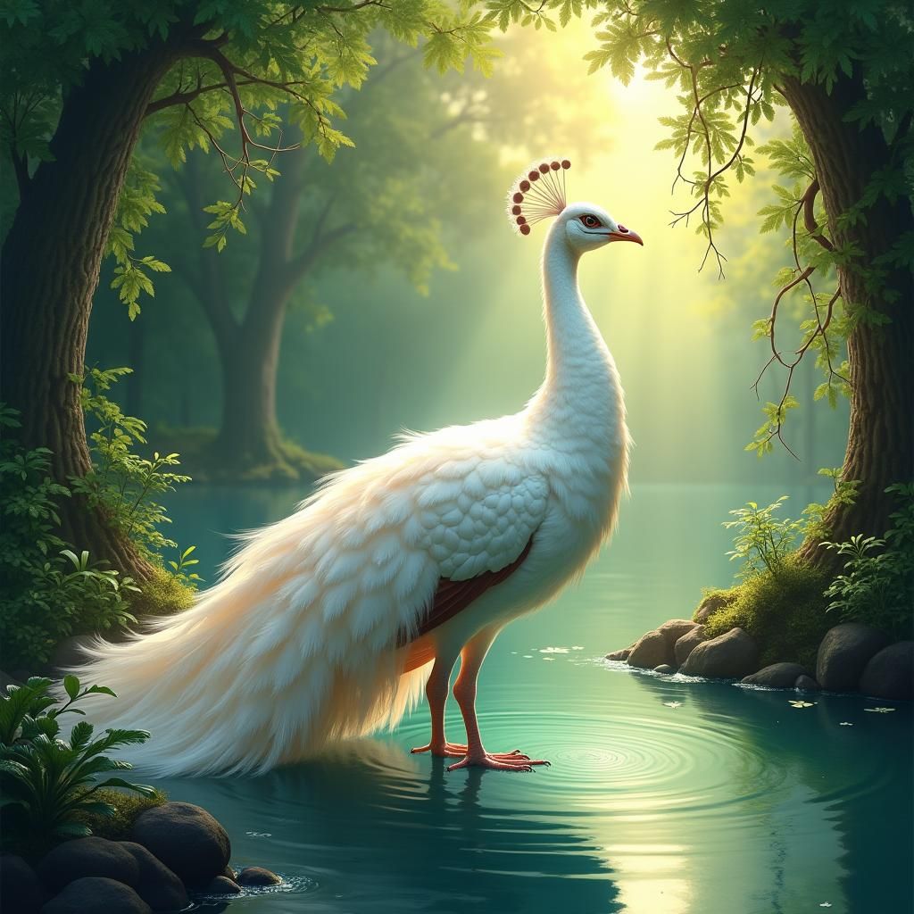 Ethereal White Peacock in Sunlit Forest