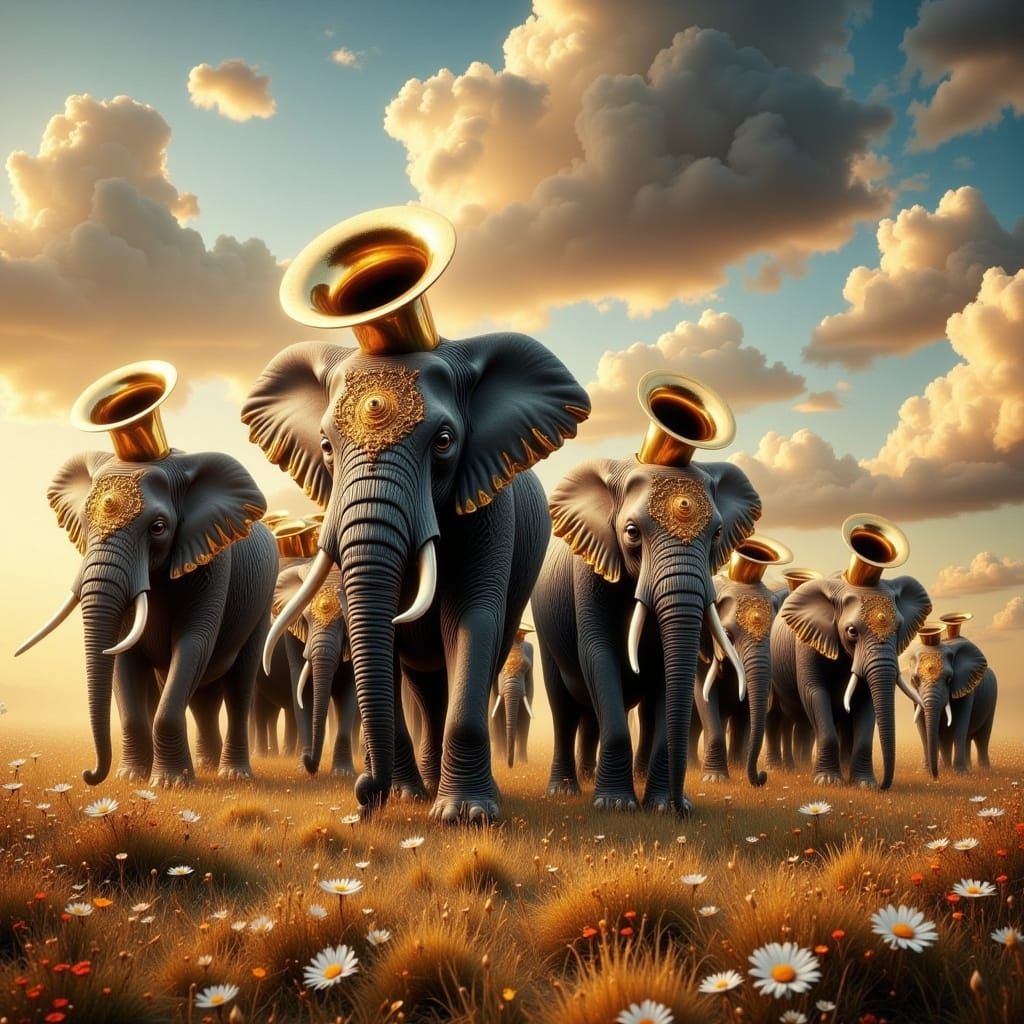 Hyperrealistic Group of Elephants with Brass Tuba Heads in a...