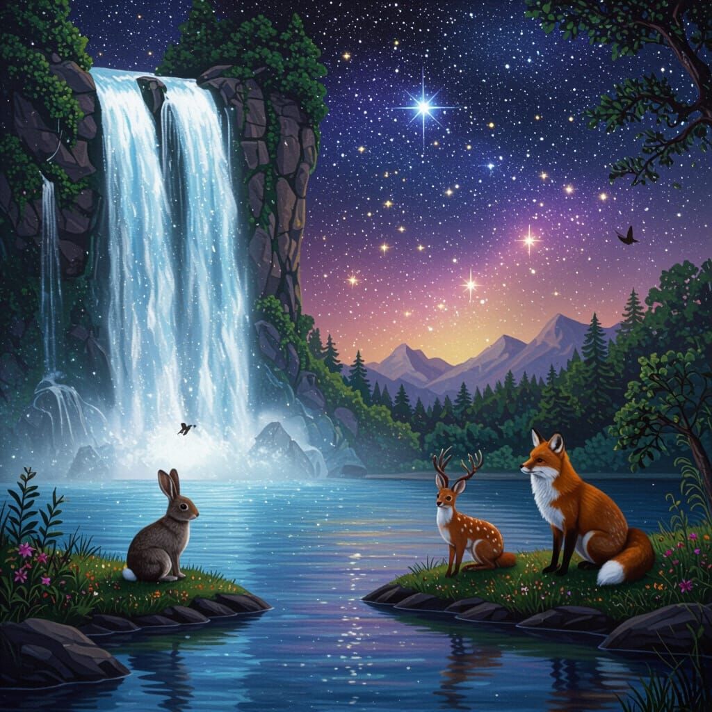 Cosmic Waterfall with Animals, Holographic Illustration