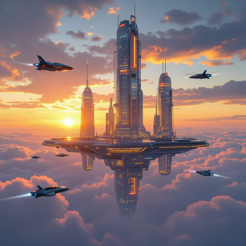 Futuristic Floating City at Sunset, Neon Glow