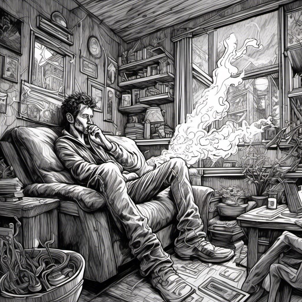 Sci-Fi Room Sketch of Man Smoking