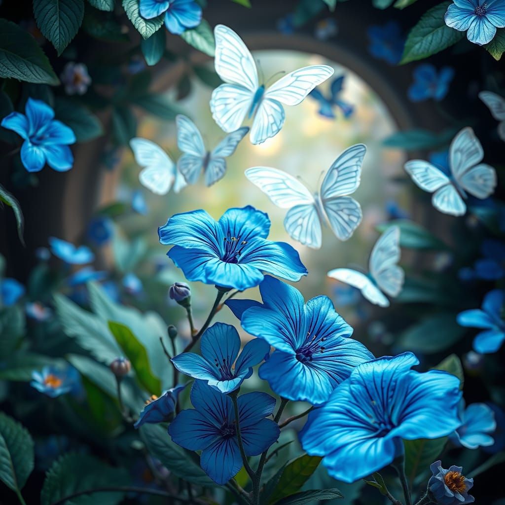 Blue Flowers and White Butterflies in Surreal Garden