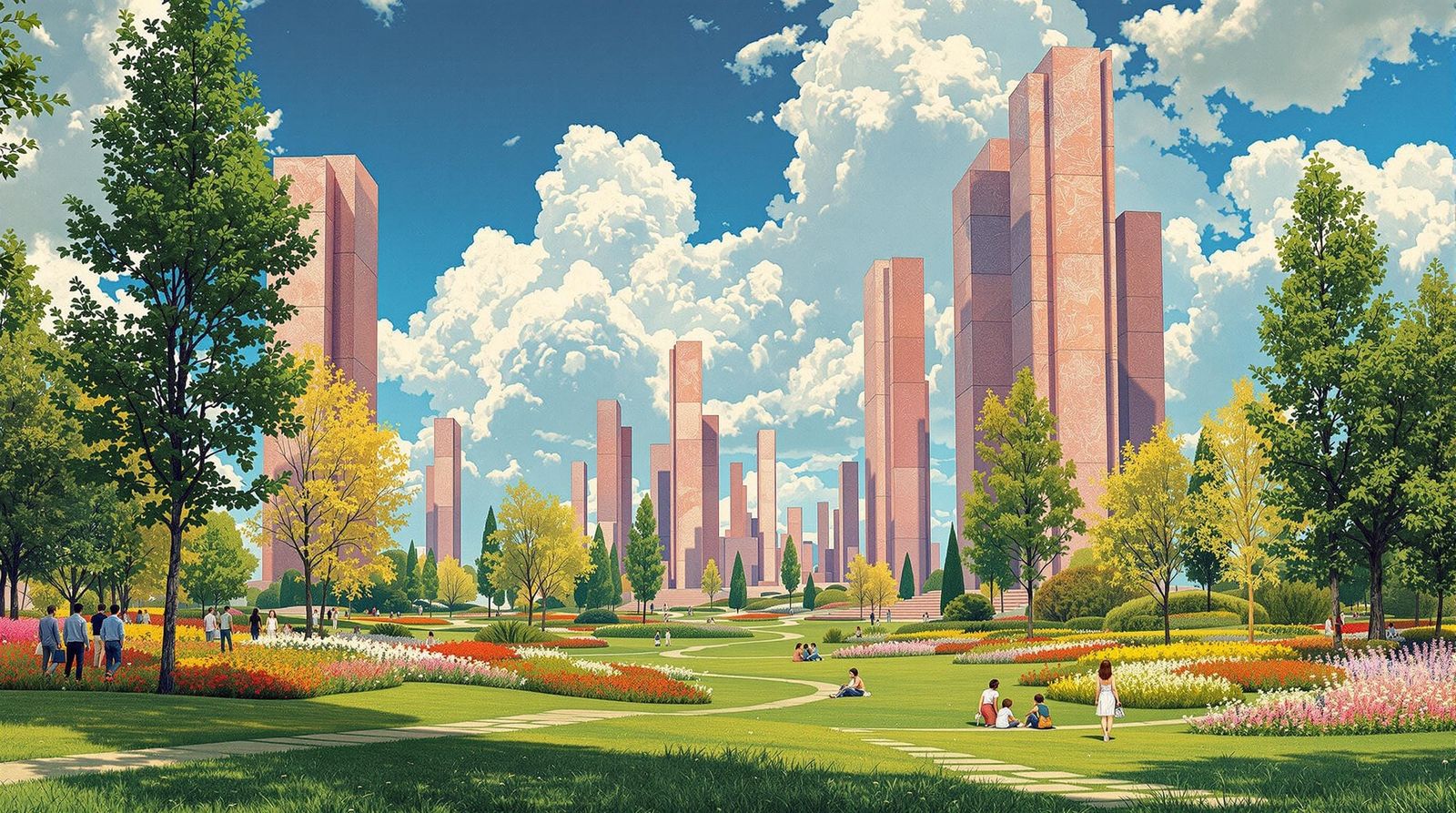 Rose Quartz Monuments in a Klimt-Inspired Sci-Fi Park