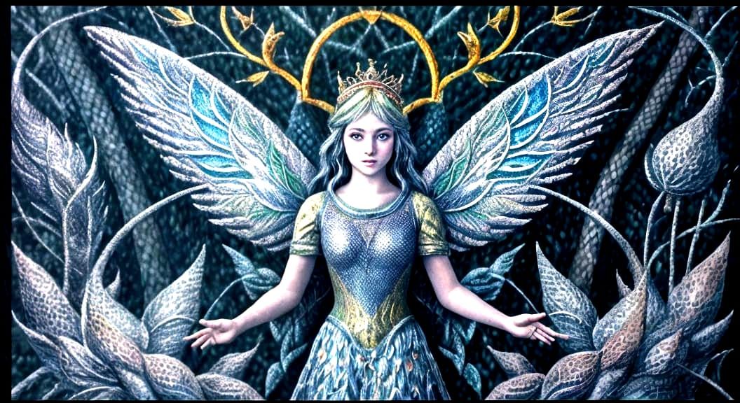 Metallic Fairy in Enchanted Forest, Surreal Oil Painting