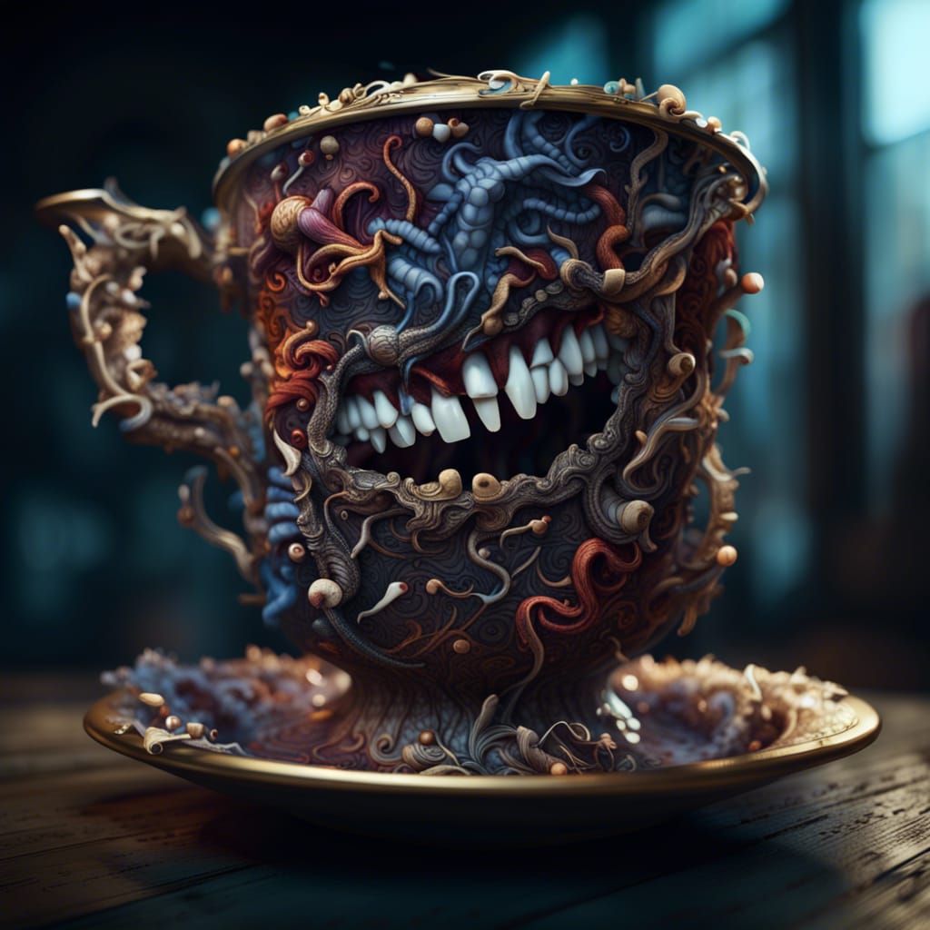 Teacup Made of Human Teeth: Detailed Matte Painting