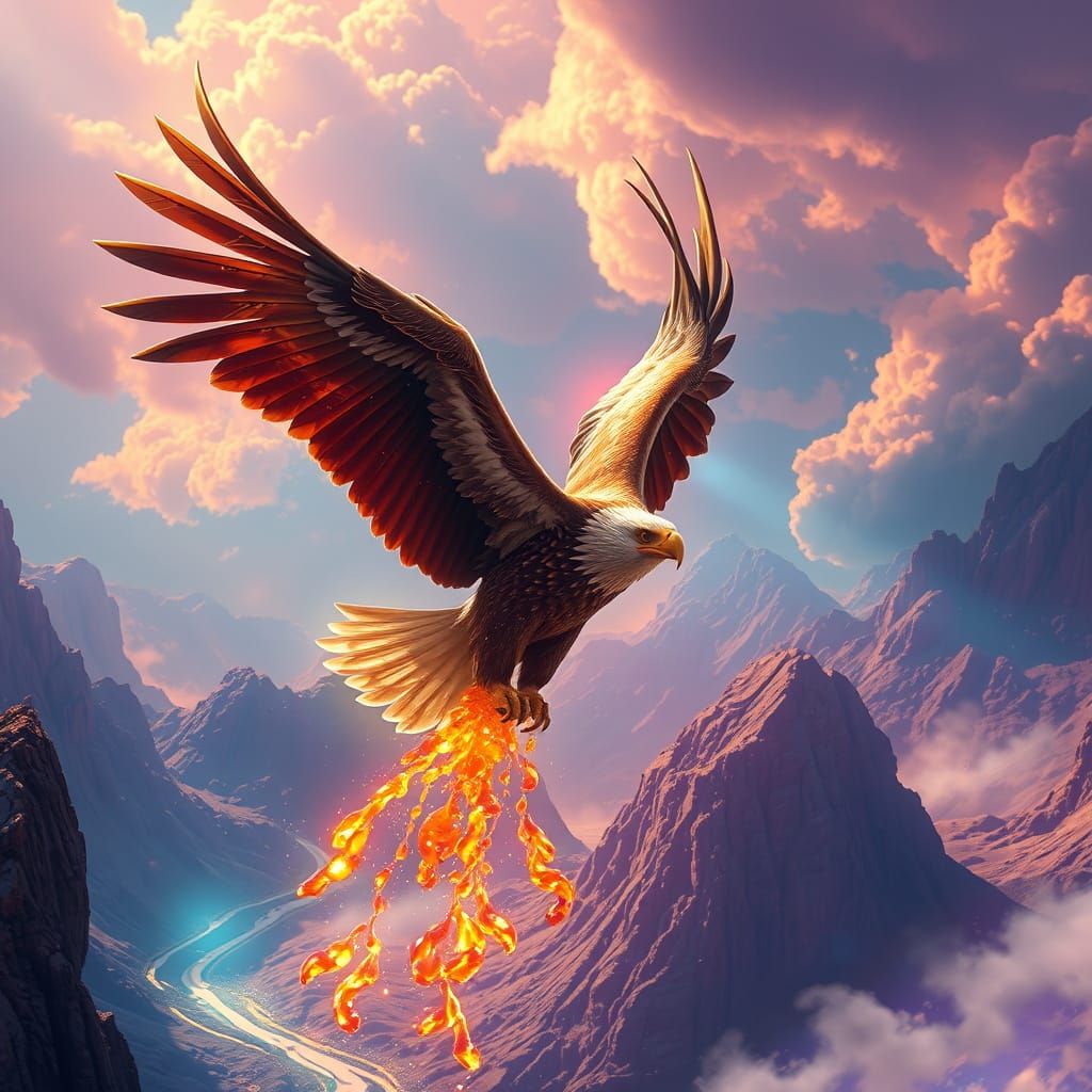 painting depicts a royal eagle releasing cascades of luminou...