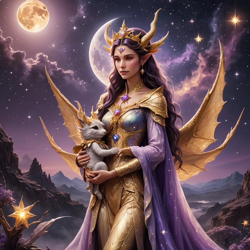 Dragon Queen and Elf Princess on the Moon