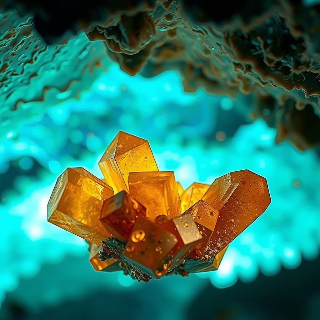 Golden Pyrite Crystal in Ethereal Bioluminescent Cave