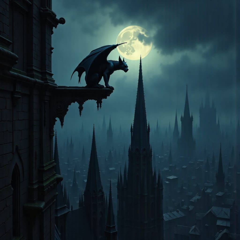Gargoyle on Gothic Spire Under Moonlit Stormy Sky