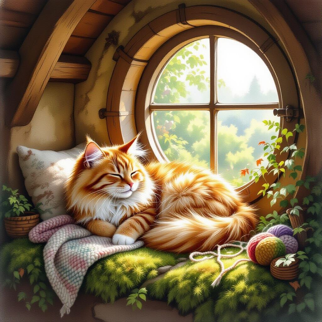 Cozy Hobbit Hole Scene with Ginger Cat