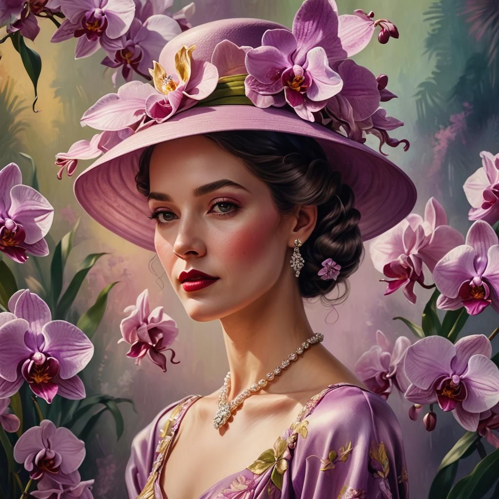 Elegant Woman in Orchid Gown, Hyperrealistic Art