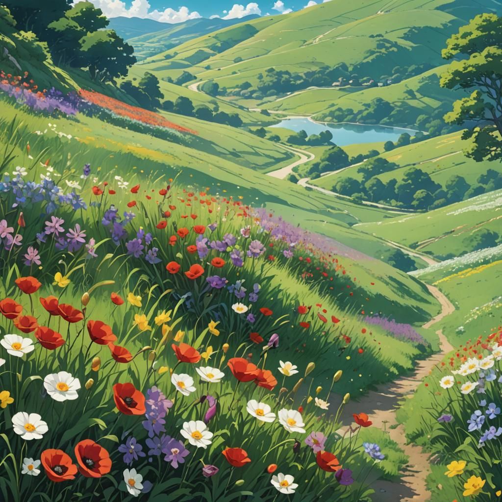 Spring Meadow Inspired by Studio Ghibli in Anime Style