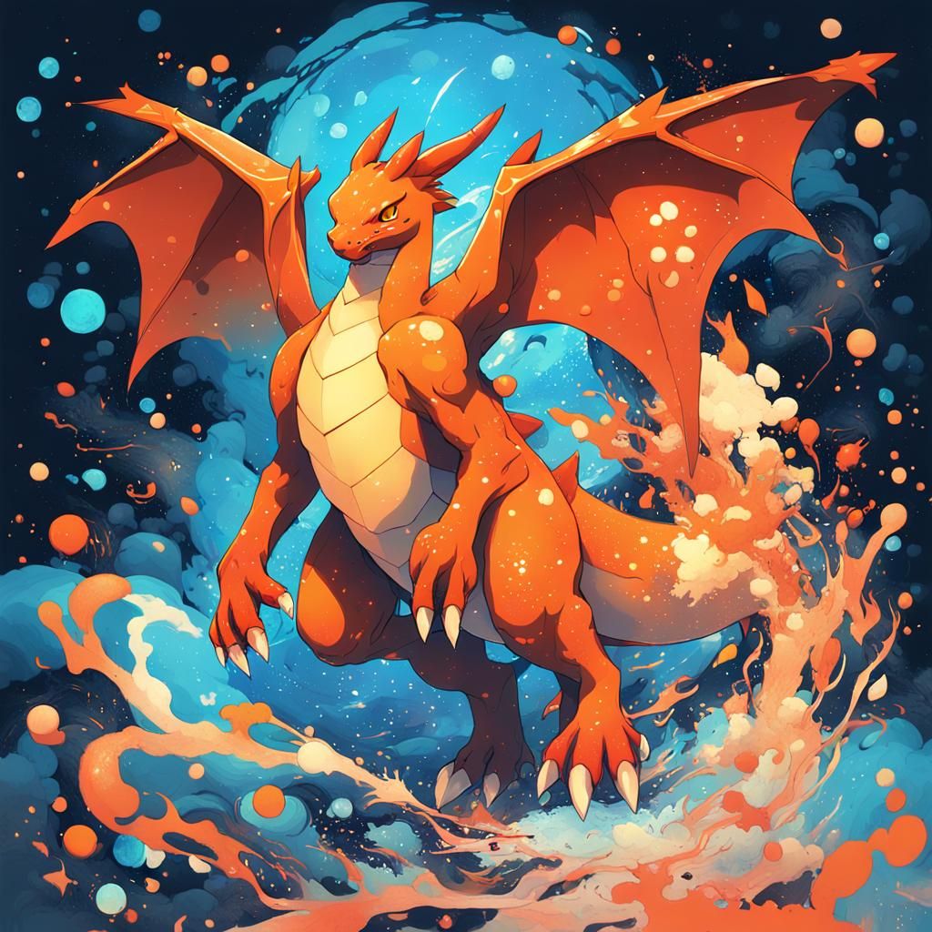 Ethereal Charizard Walks in Space: Anime Art