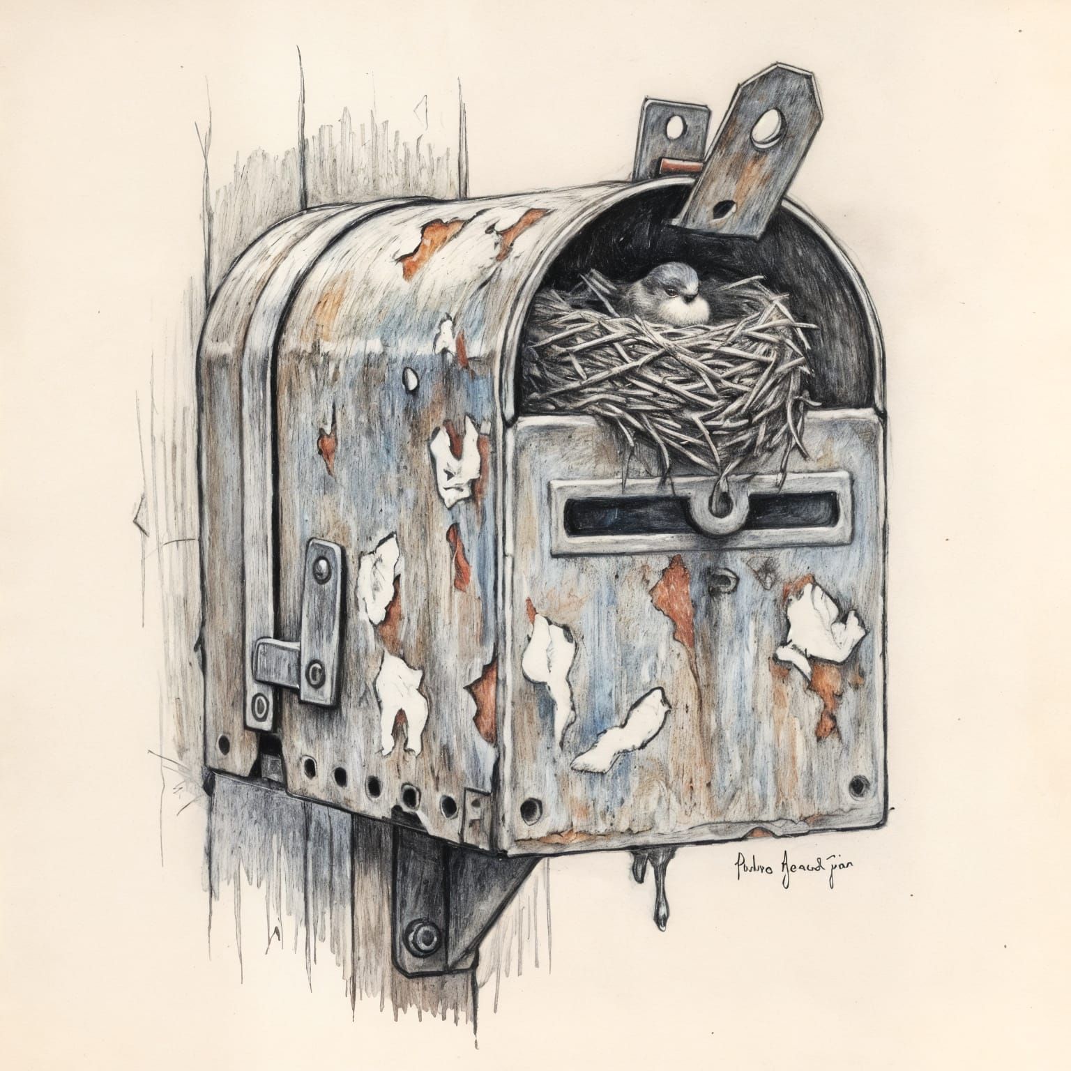 Impressionist Sketch of Bird Nest in Old Mailbox