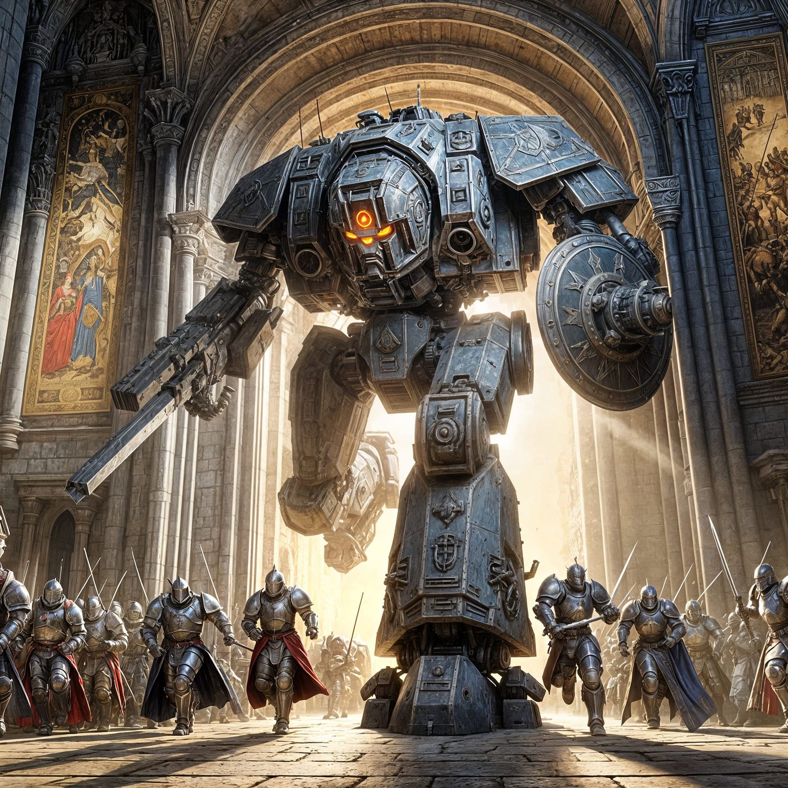 War Mech Emerges into Medieval Castle Hall