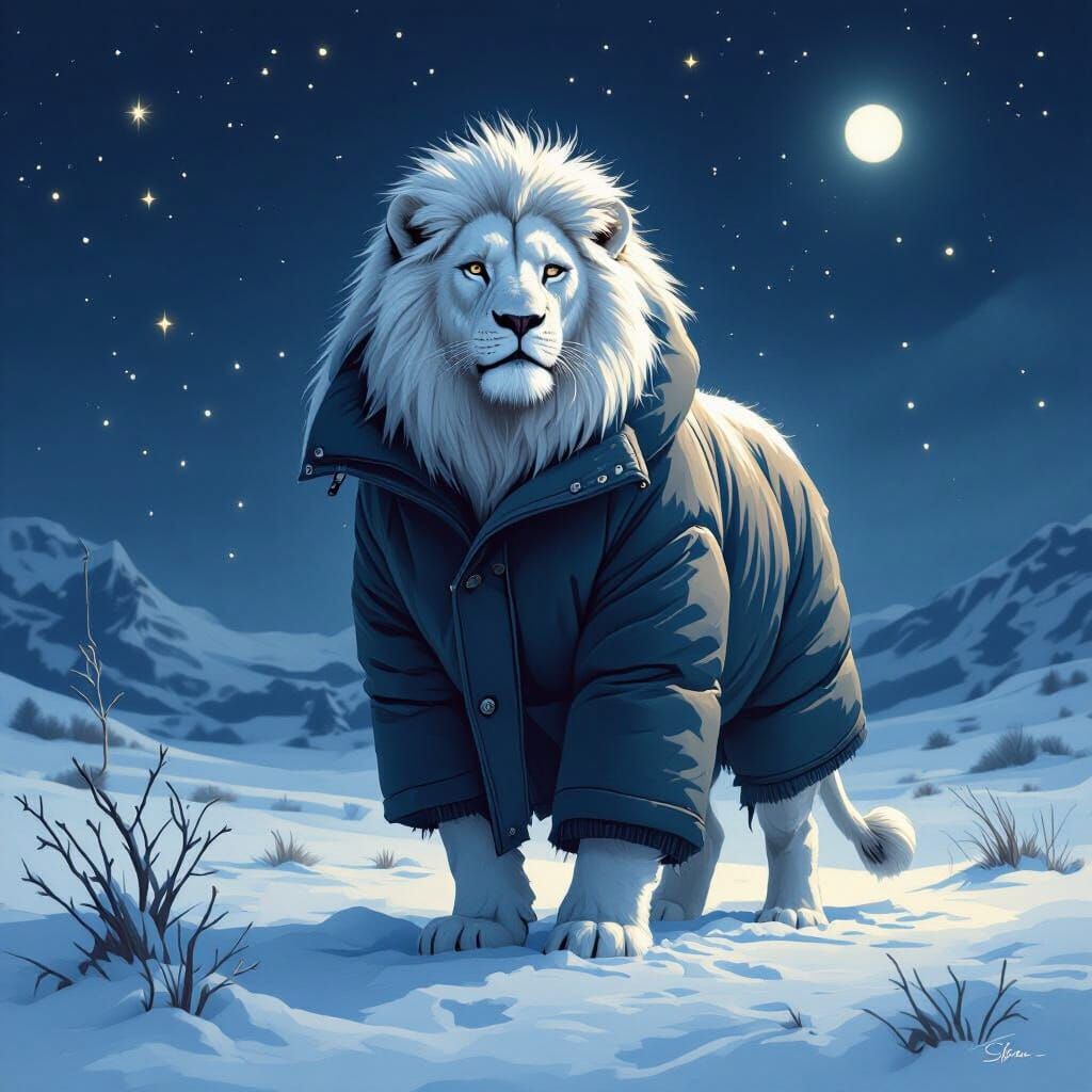 White Lion in Snowy Landscape Under Starry Sky