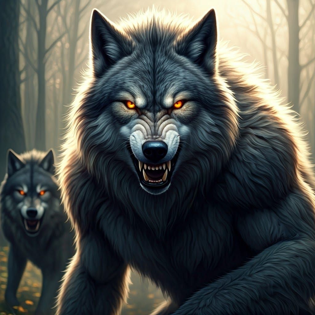 Alpha Werewolf Growls at Predator in Dreamlike Photo