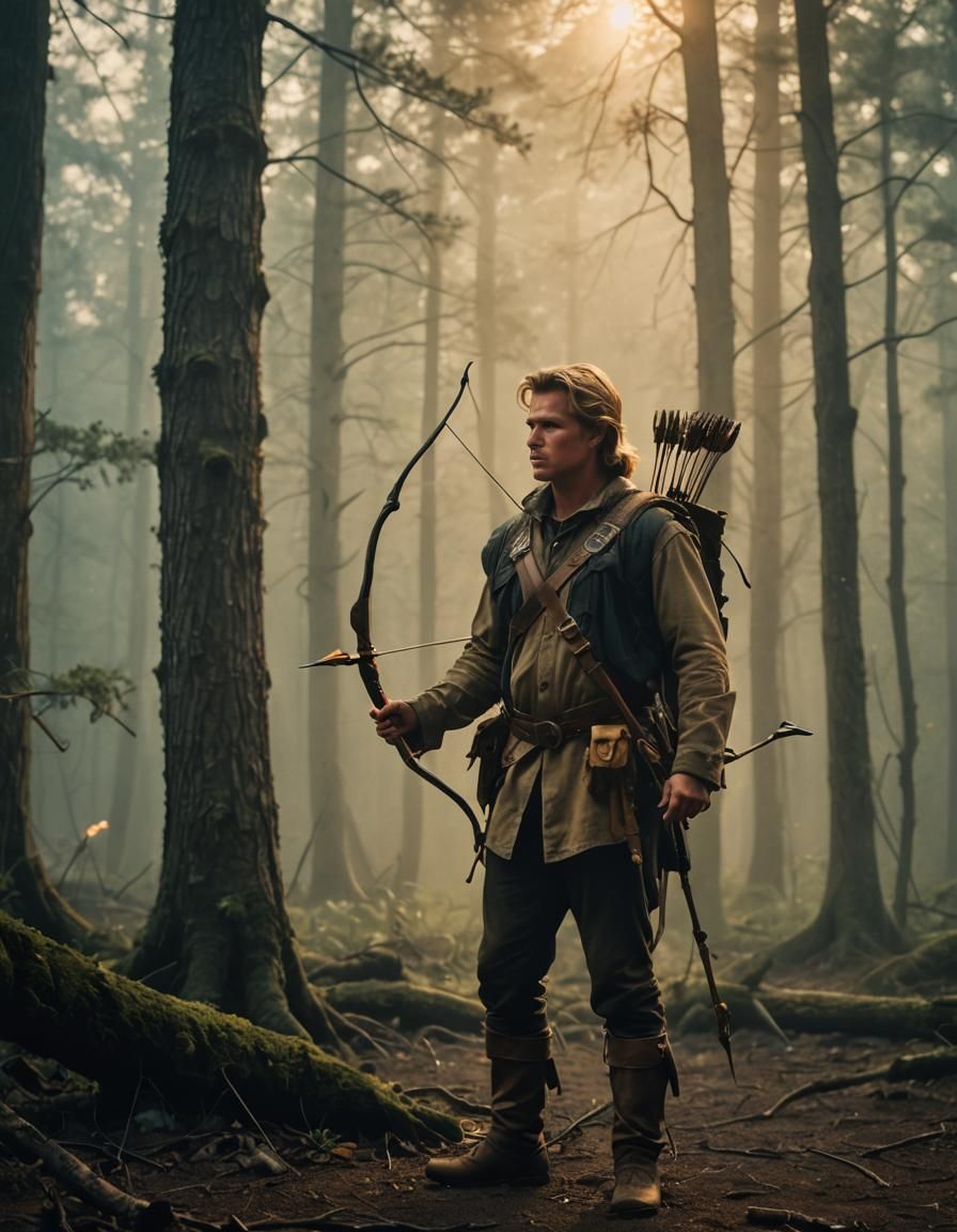 Fantasy Ranger in Misty Forest: Cinematic Film Still