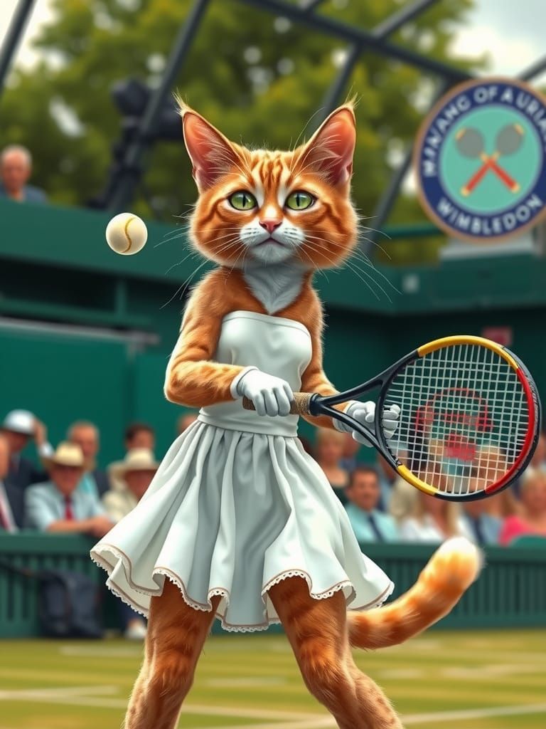 Elegant Anthropomorphic Cat Plays Tennis at Wimbledon