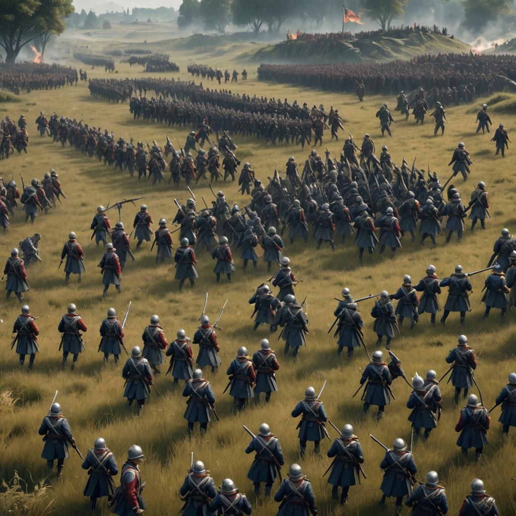 Soldiers Marching in a Fantastical Battlefield