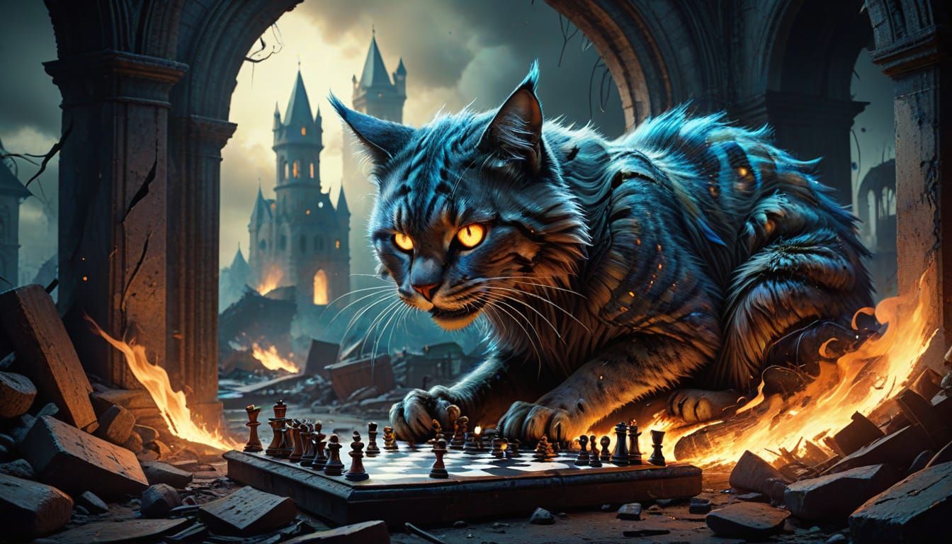 Alice and Cheshire Cat Play Chess in Ruined City