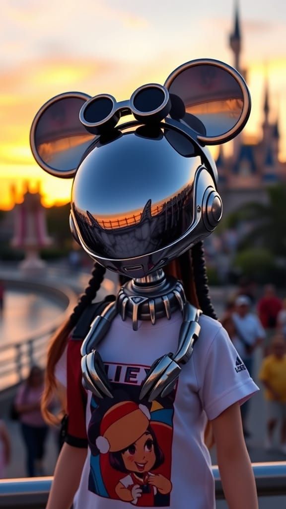 Chibi Xenomorph Barbie Wears Mickey Mouse Headband in Sunset