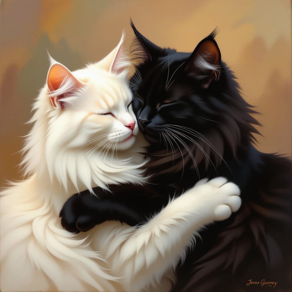 Black Cat Hugs White Cat in Realistic Oil Painting