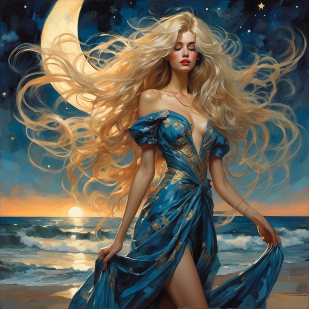 Blonde Woman on Starry Beach in Illustrative Style