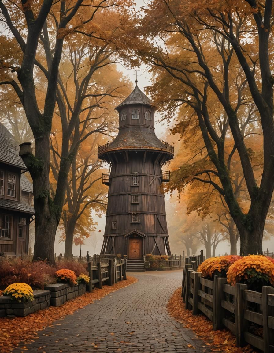 Rustic Water Tower in Autumn Landscape