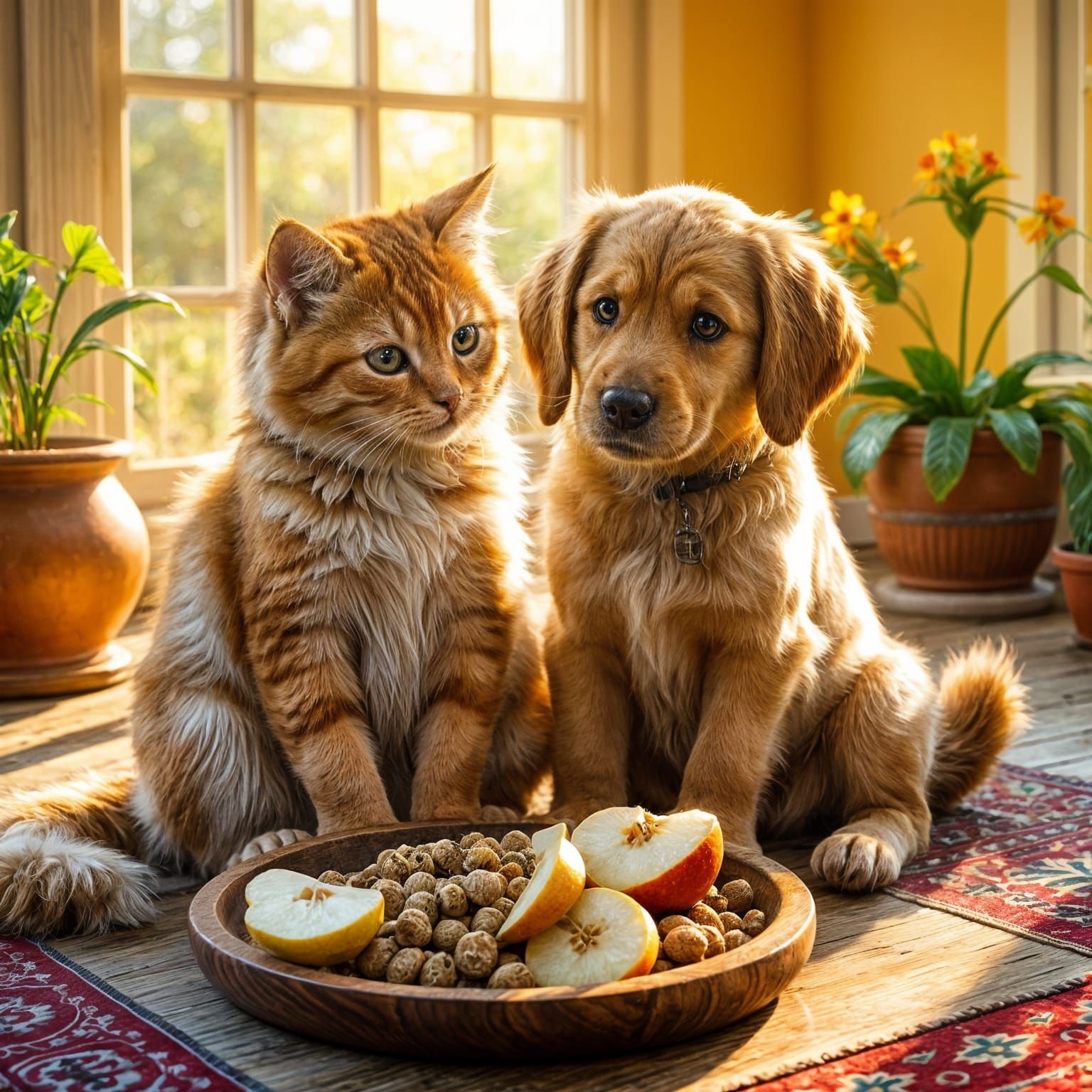 Cat and Puppy Share Food in Sunlit Sunroom