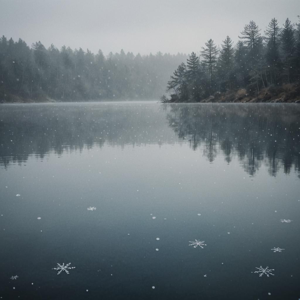 Ethereal Snowfall Over a Dark Lake in Watercolor Style