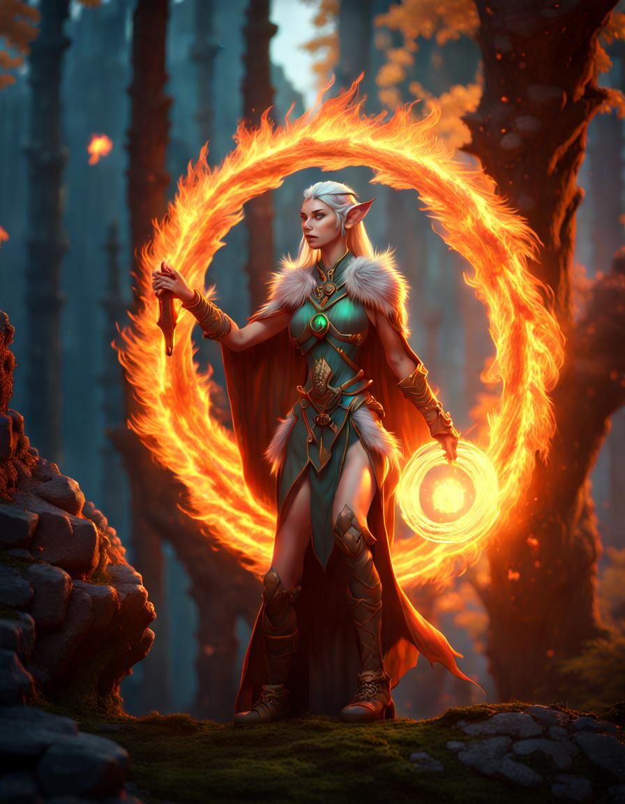 Elf Druid Creates Fire Portal: Fantasy Art