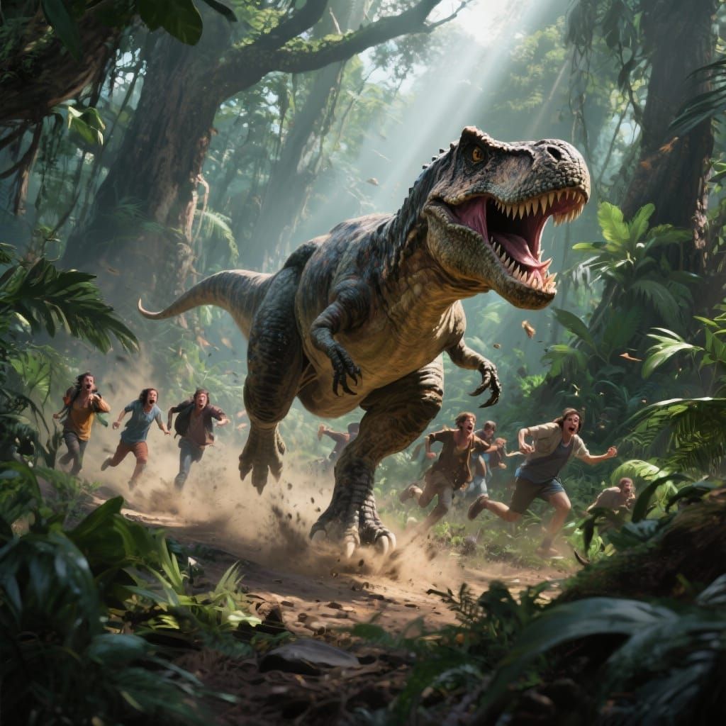 T-Rex Chases Terrified People Through Jungle