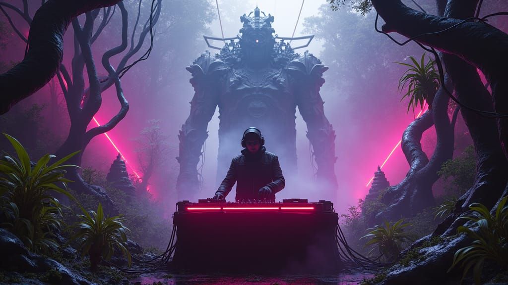 Futuristic DJ in Neon Dystopian Jungle