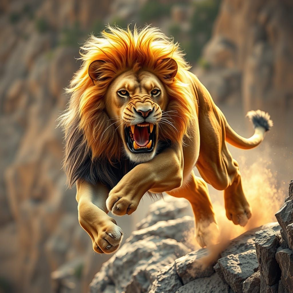 Golden Lion in Mid-Air Leap