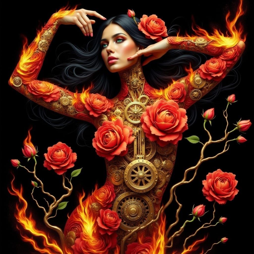 Flamenco Dancer with Roses, Flames and Clockwork Gears
