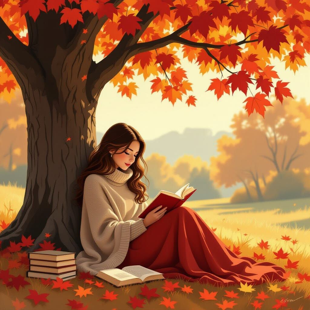 Autumn Girl Reading Under Tree, Digital Painting