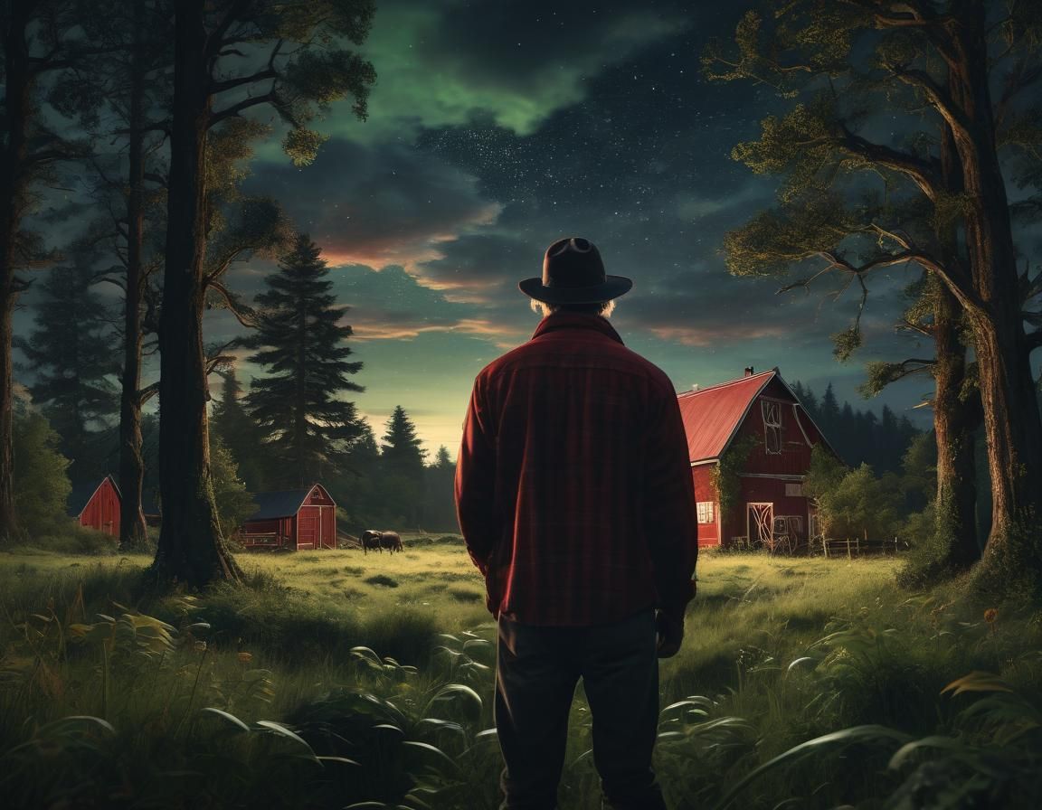 Farmer in Field Under Starry Night Sky