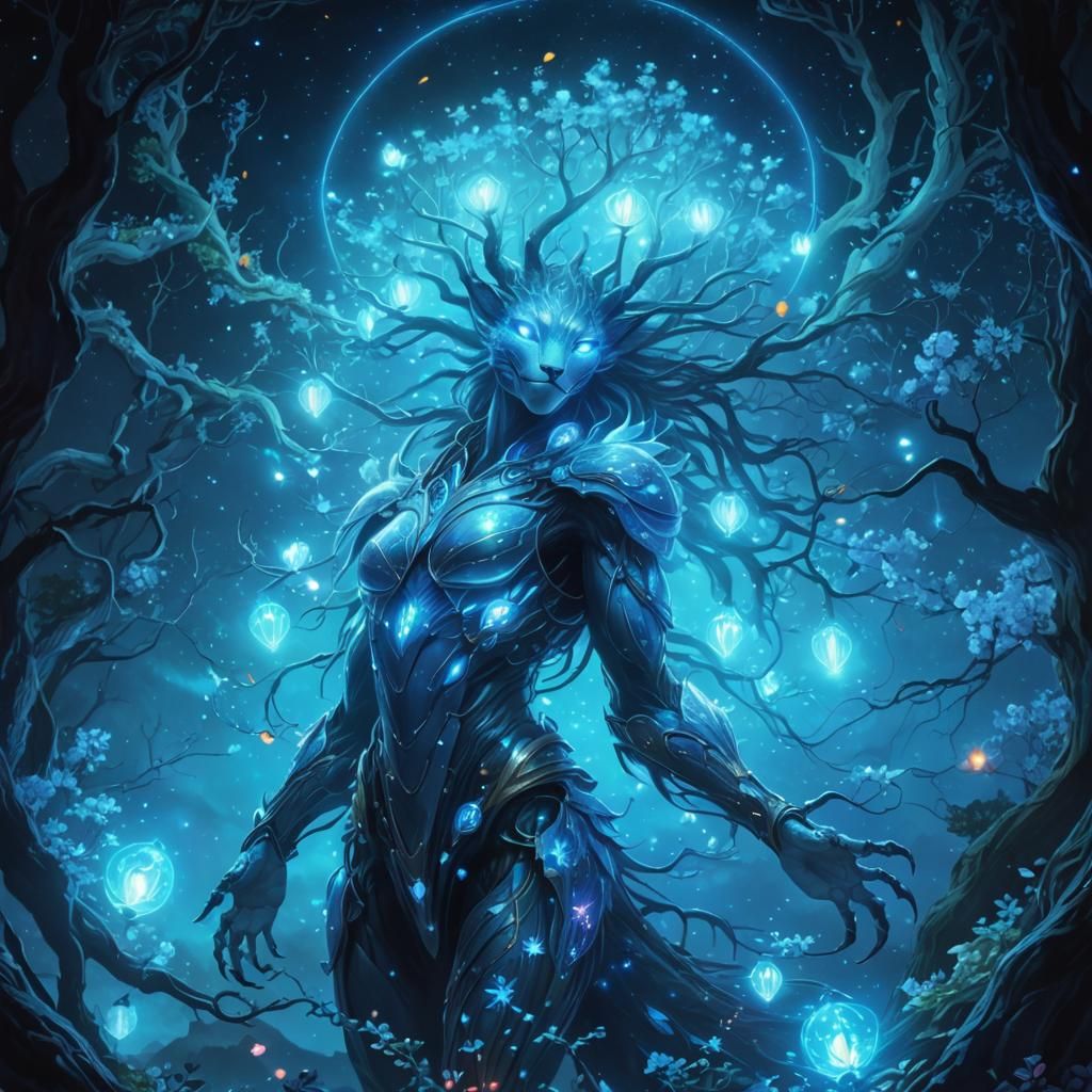 Enchanted Forest Guardian Creature with Bioluminescent Tree
