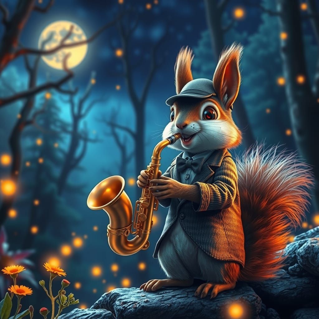 Squirrel Saxophonist in Mystical Forest: Detailed Matte Pain...
