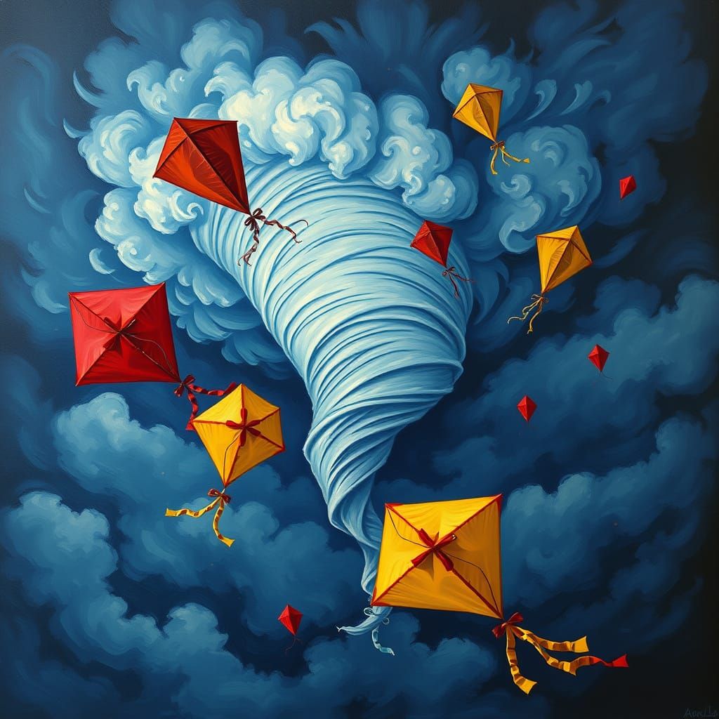 Whimsical Kites in a Vibrant Tornado Scene, in Pointillist S...