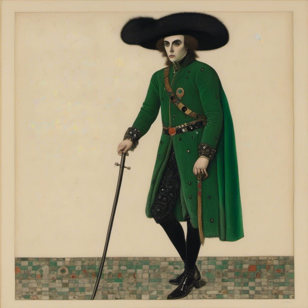 Defiant Young Man in Green and Black Satin