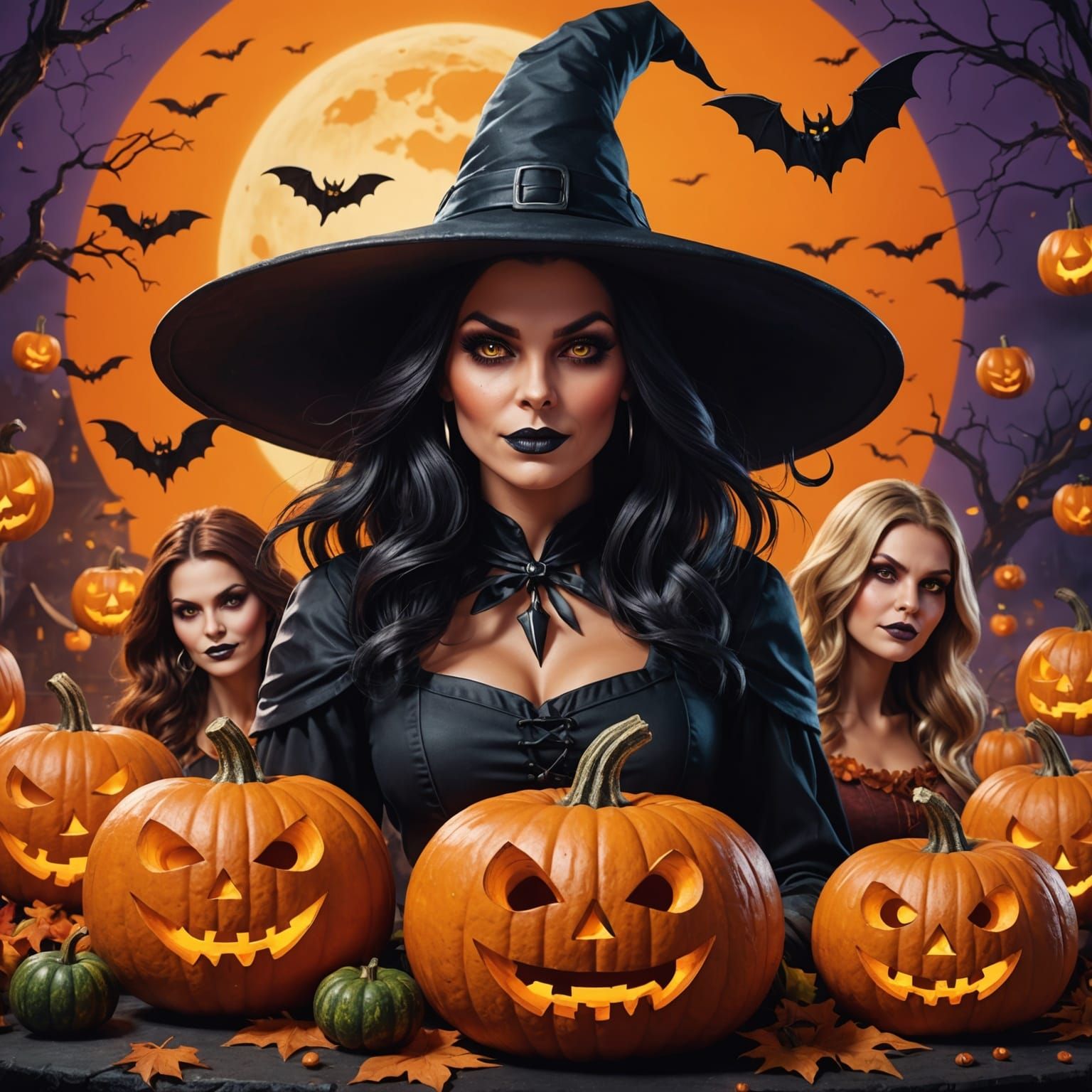 Halloween Party Banner with Witches and Pumpkins
