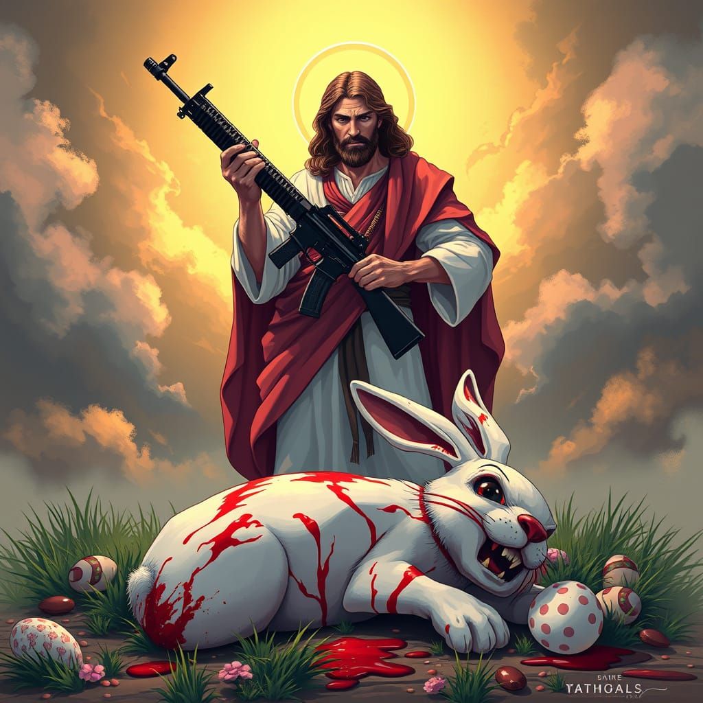 Jesus with AK-47 Over a Bloody Easter Bunny in Anime Style