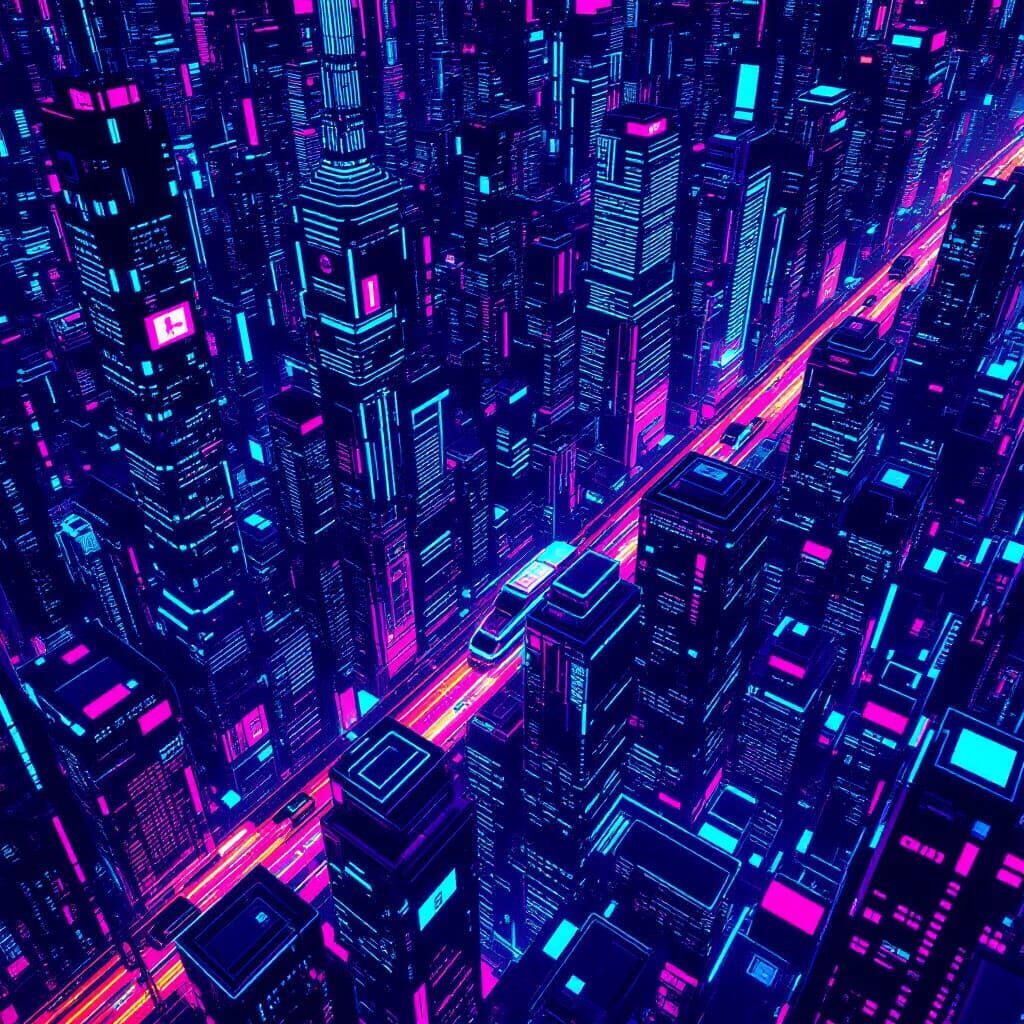 Cyberpunk City Grid from Above in Neon